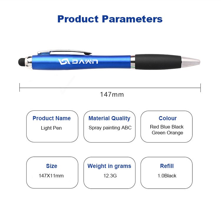 Custom Logo LED Light-Up Touch Screen Stylus Promotional Orange Business 1.0mm Ballpoint Pens with Laser Logo Plastic Rubber