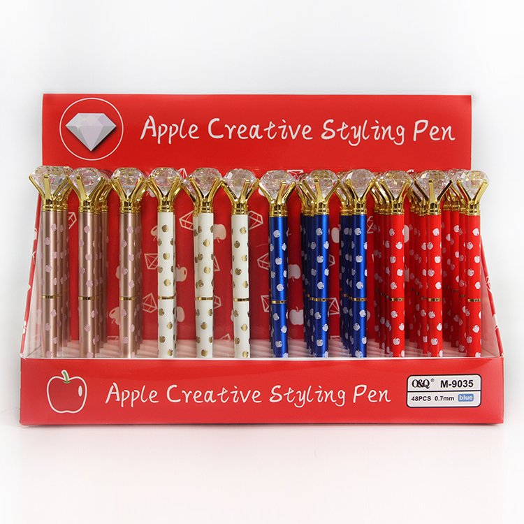 Wholesale prints pattern with apple on the holder ball pens shining crystal ballpoint pen hot sales promotion.