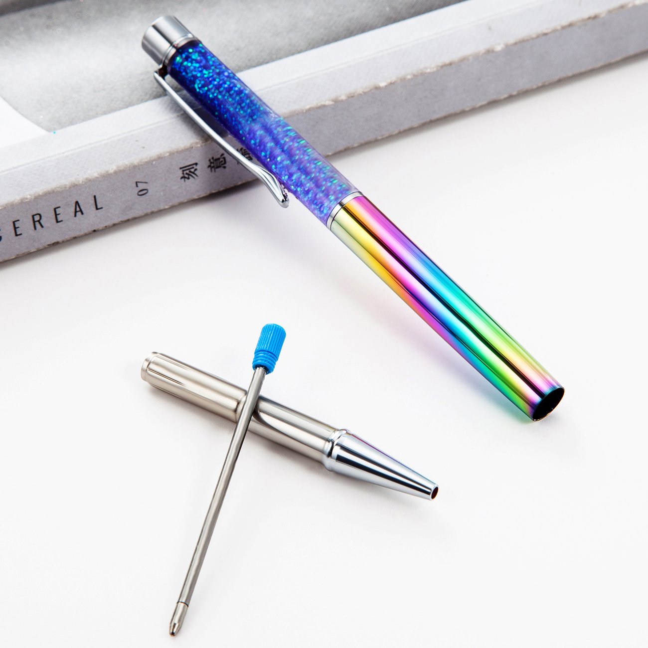 Factory wholesale manufacture premium stainless steel sequin floating glitter metal ball pen for promotional items