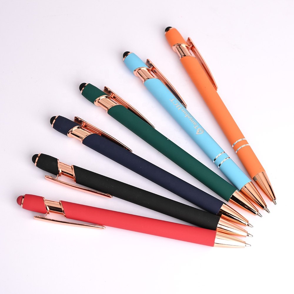 Hot Sales Promotional Soft Rubber Touch 2 in 1 Metal Stylus Pen Rose Gold Ballpoint Pen with Engraved Logo