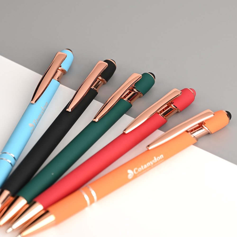 Hot Sales Promotional Soft Rubber Touch 2 in 1 Metal Stylus Pen Rose Gold Ballpoint Pen with Engraved Logo