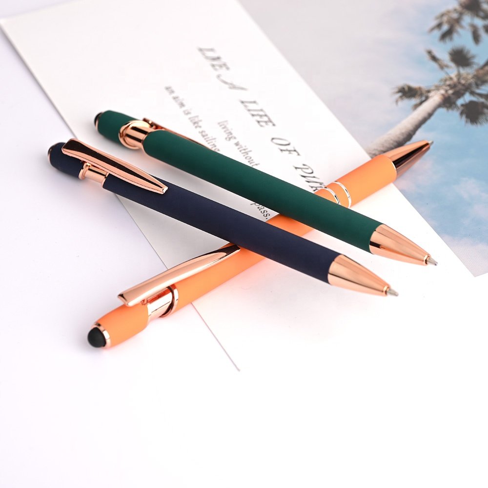 Hot Sales Promotional Soft Rubber Touch 2 in 1 Metal Stylus Pen Rose Gold Ballpoint Pen with Engraved Logo