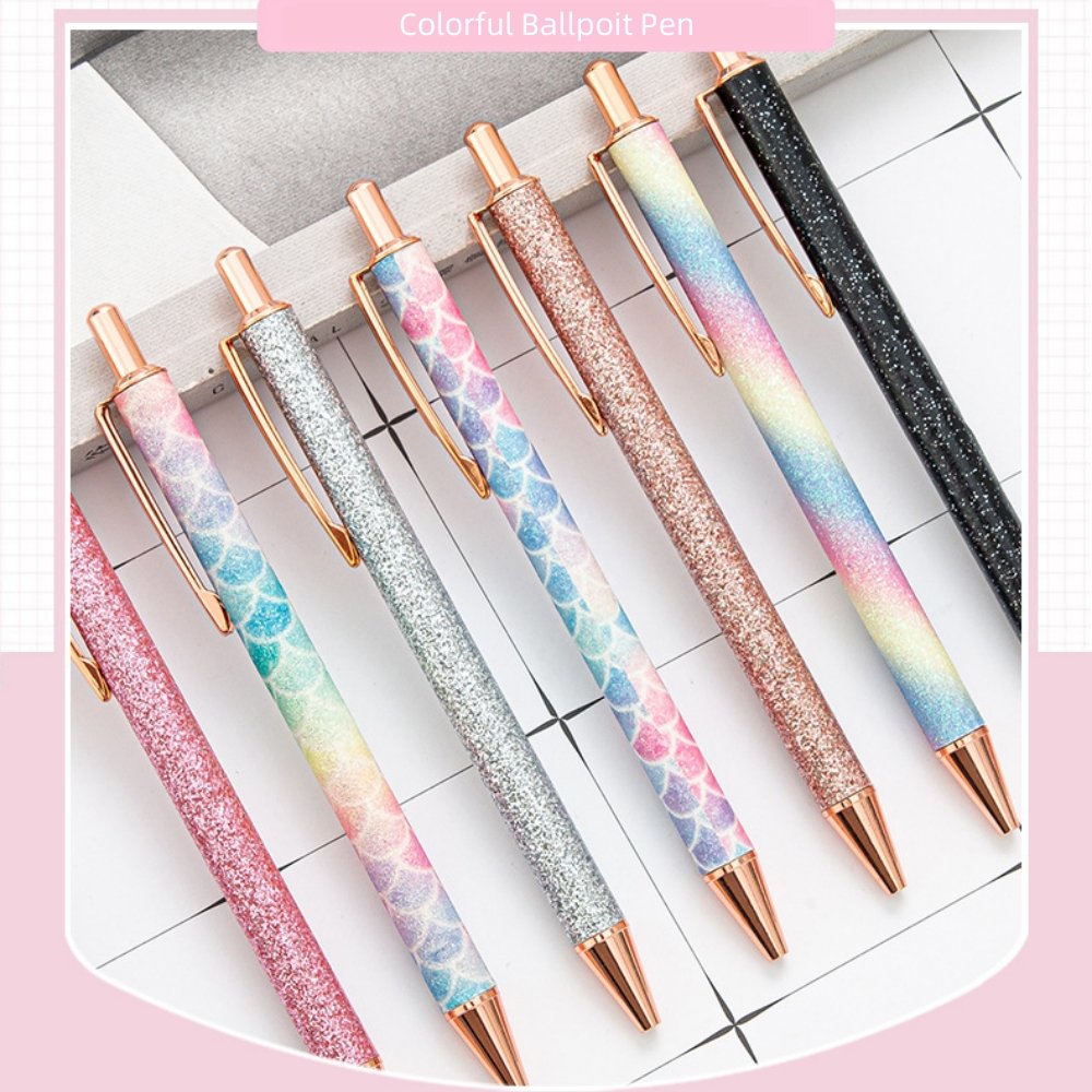 1.0mm Glitter Colorful Metal Retractable Ballpoint Pen Rose Gold Medium Point Black Ink Click Ball Pens for School Office Supply