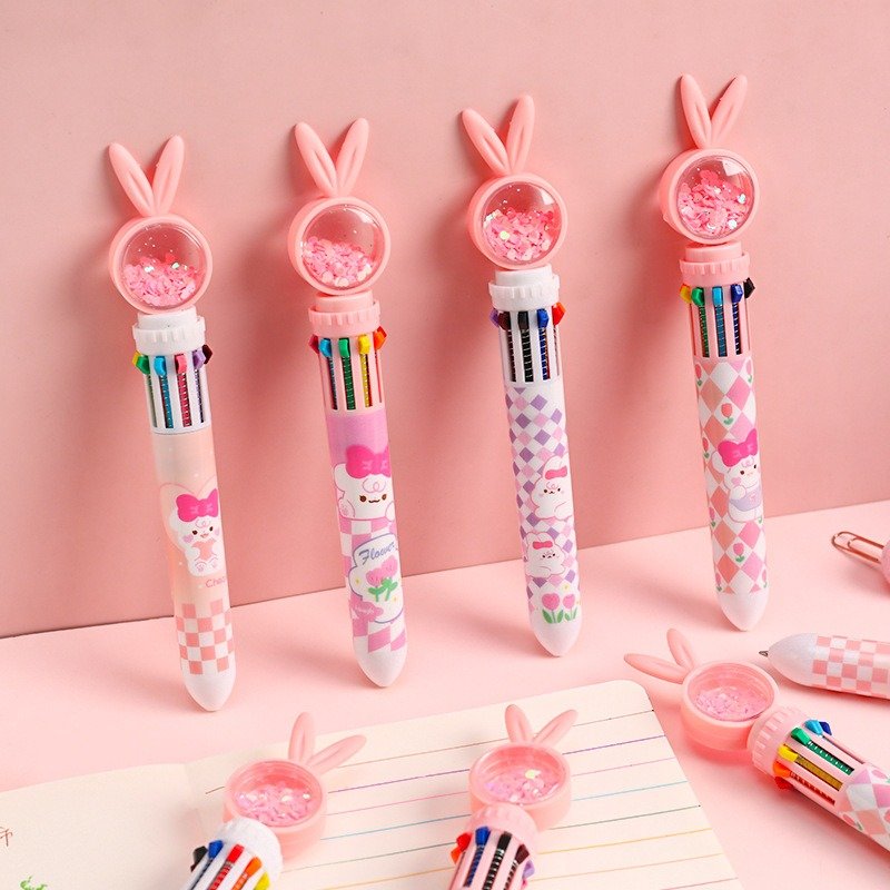 Cute rabbit ears ten-color ballpoint pen, multi-color hand account pen high value ins color pressing pen