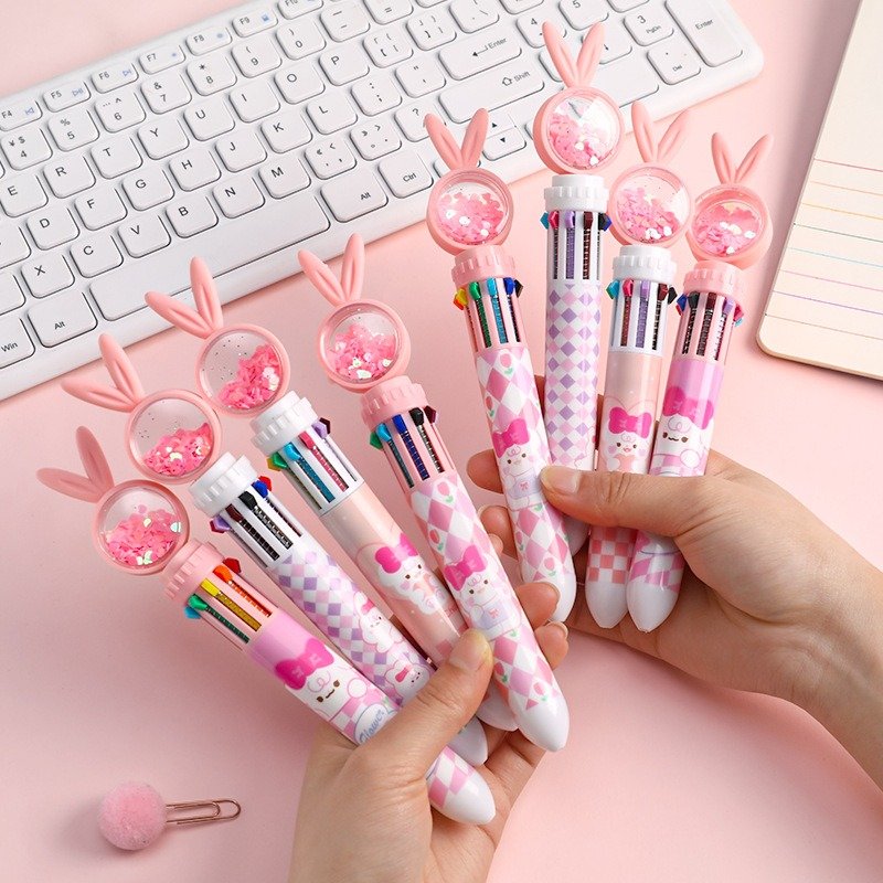 Cute rabbit ears ten-color ballpoint pen, multi-color hand account pen high value ins color pressing pen