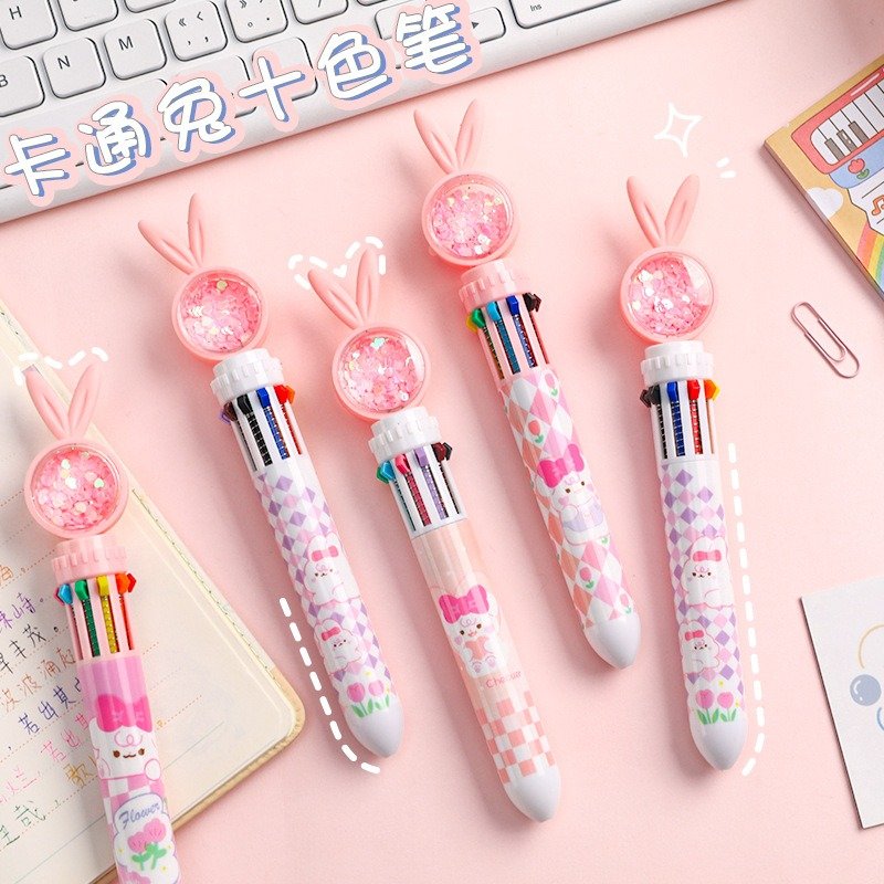 Cute rabbit ears ten-color ballpoint pen, multi-color hand account pen high value ins color pressing pen