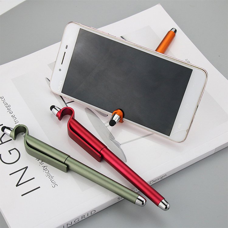 custom logo metallic color ballpoint pen multi function phone holder stylus pen for promotion