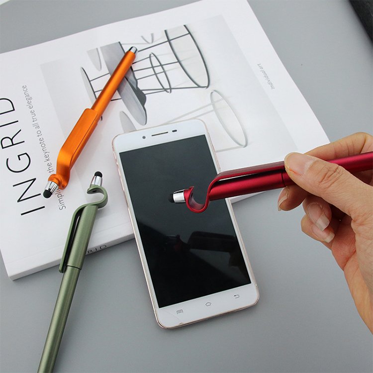 custom logo metallic color ballpoint pen multi function phone holder stylus pen for promotion