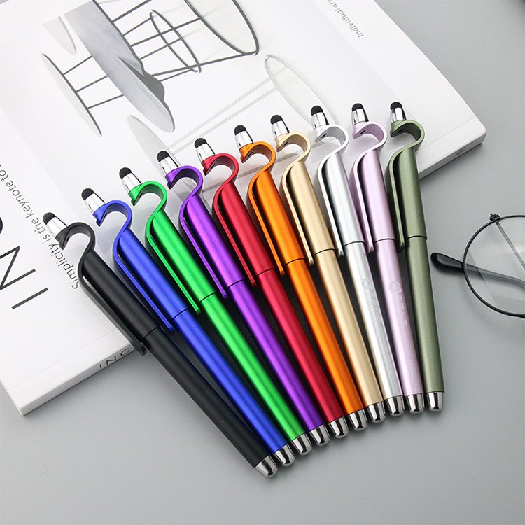 custom logo metallic color ballpoint pen multi function phone holder stylus pen for promotion