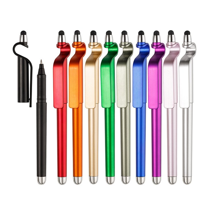 custom logo metallic color ballpoint pen multi function phone holder stylus pen for promotion