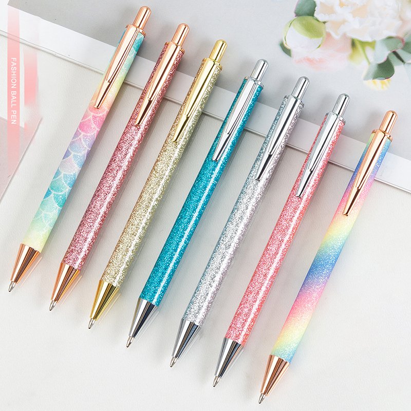 Colorful Ballpoint Pens Metal Retractable Fansy Pink PU Leather Ball Pen Black Ink Glitter Rose Gold Cute Click Pen With Logo