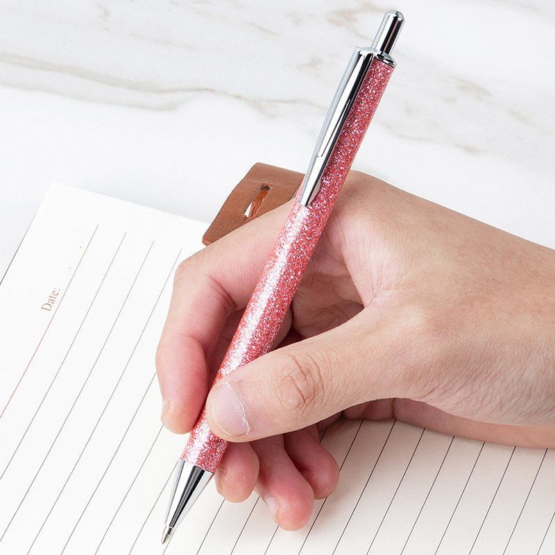 Colorful Ballpoint Pens Metal Retractable Fansy Pink PU Leather Ball Pen Black Ink Glitter Rose Gold Cute Click Pen With Logo