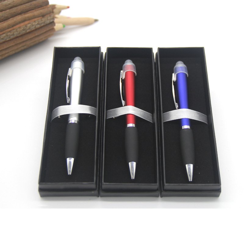 bright STOCK 3 in 1 promotional multi functional stylus led light up logo pen with custom logo engraved