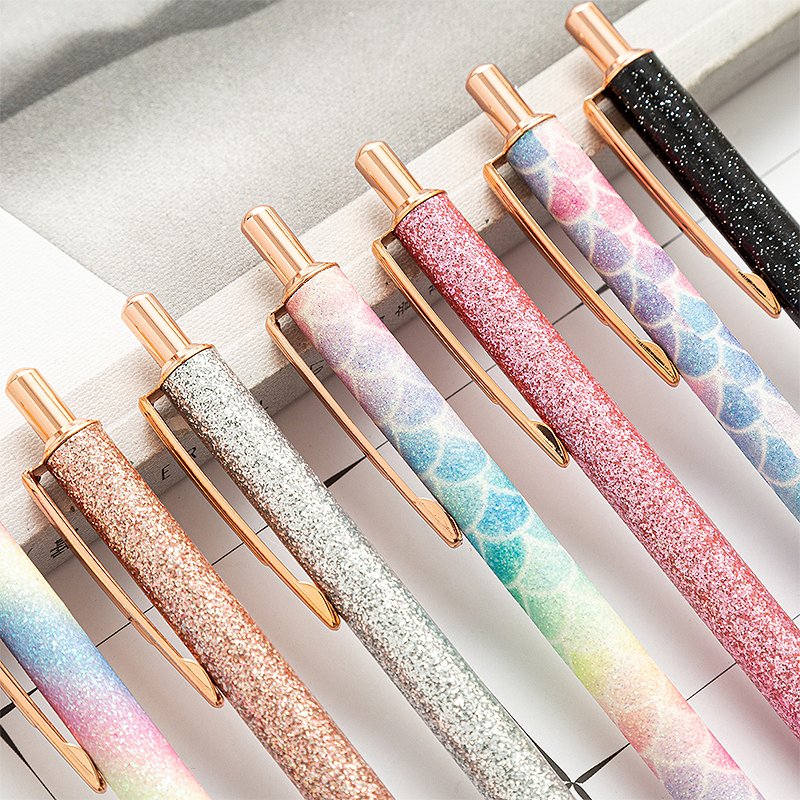 Ballpoint Pens Metal Retractable fansy pink Pen Black Ink Glitter Rose Gold Click custom cute Pens with logo for School