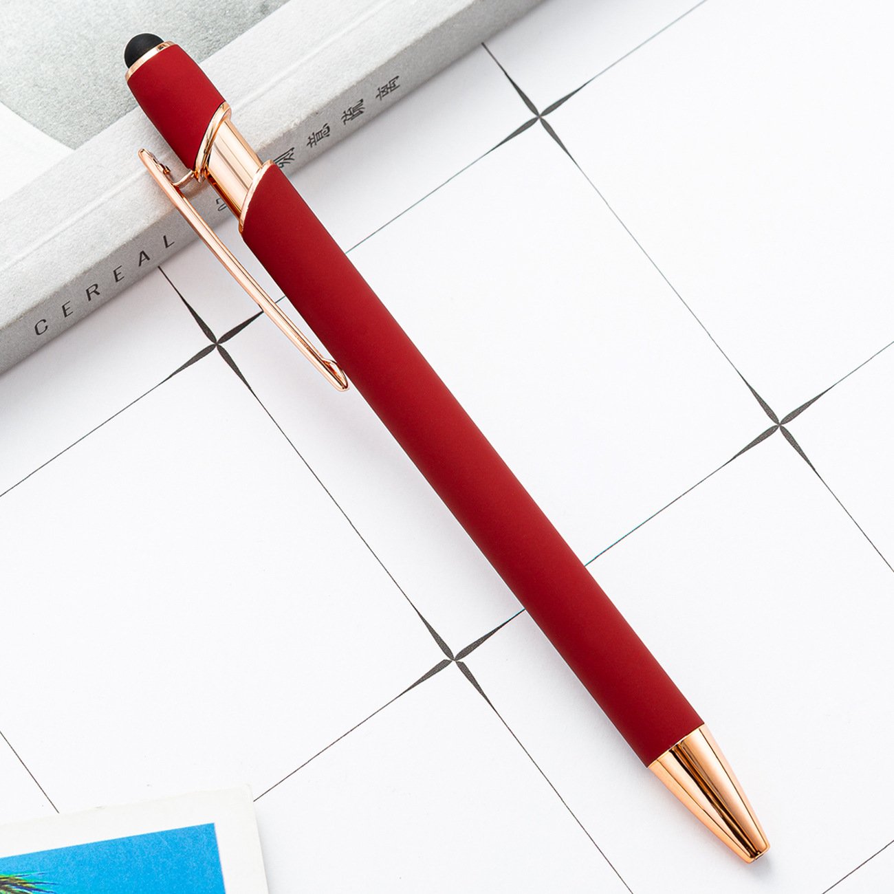 BECOL Customized logo Soft Rubber Coated Stylus Ball Pen Luxury Metal Ballpoint Pen With Rose Gold Trims for Touch Screen