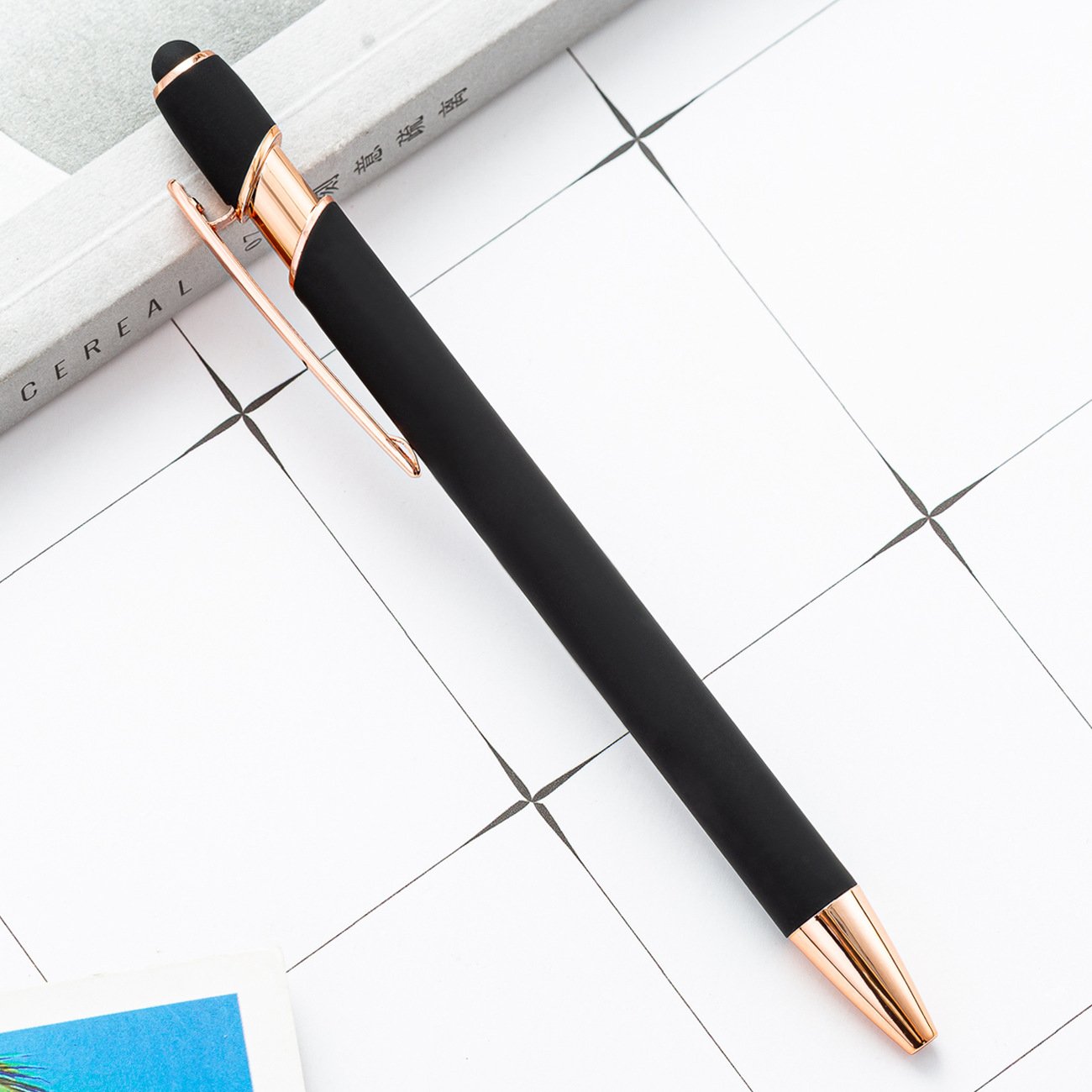 BECOL Customized logo Soft Rubber Coated Stylus Ball Pen Luxury Metal Ballpoint Pen With Rose Gold Trims for Touch Screen