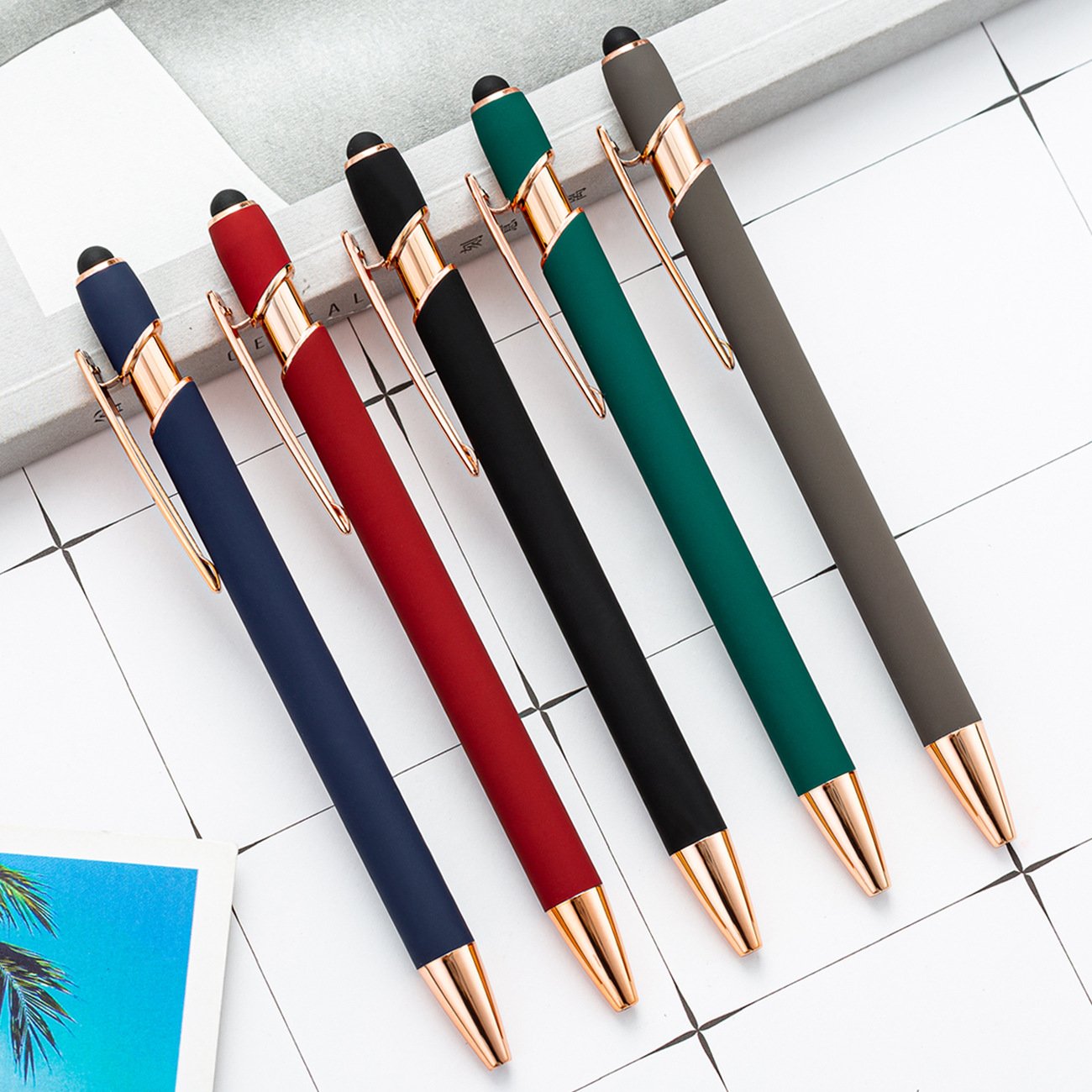 BECOL Customized logo Soft Rubber Coated Stylus Ball Pen Luxury Metal Ballpoint Pen With Rose Gold Trims for Touch Screen