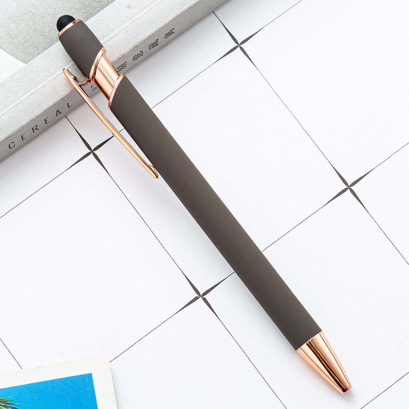 BECOL Customized logo Soft Rubber Coated Stylus Ball Pen Luxury Metal Ballpoint Pen With Rose Gold Trims for Touch Screen