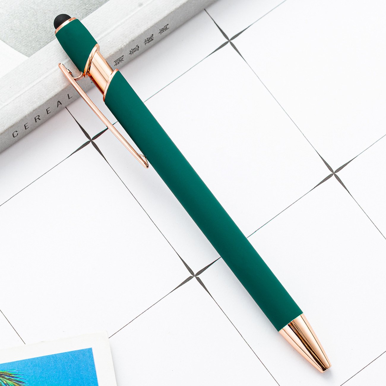 BECOL Customized logo Soft Rubber Coated Stylus Ball Pen Luxury Metal Ballpoint Pen With Rose Gold Trims for Touch Screen