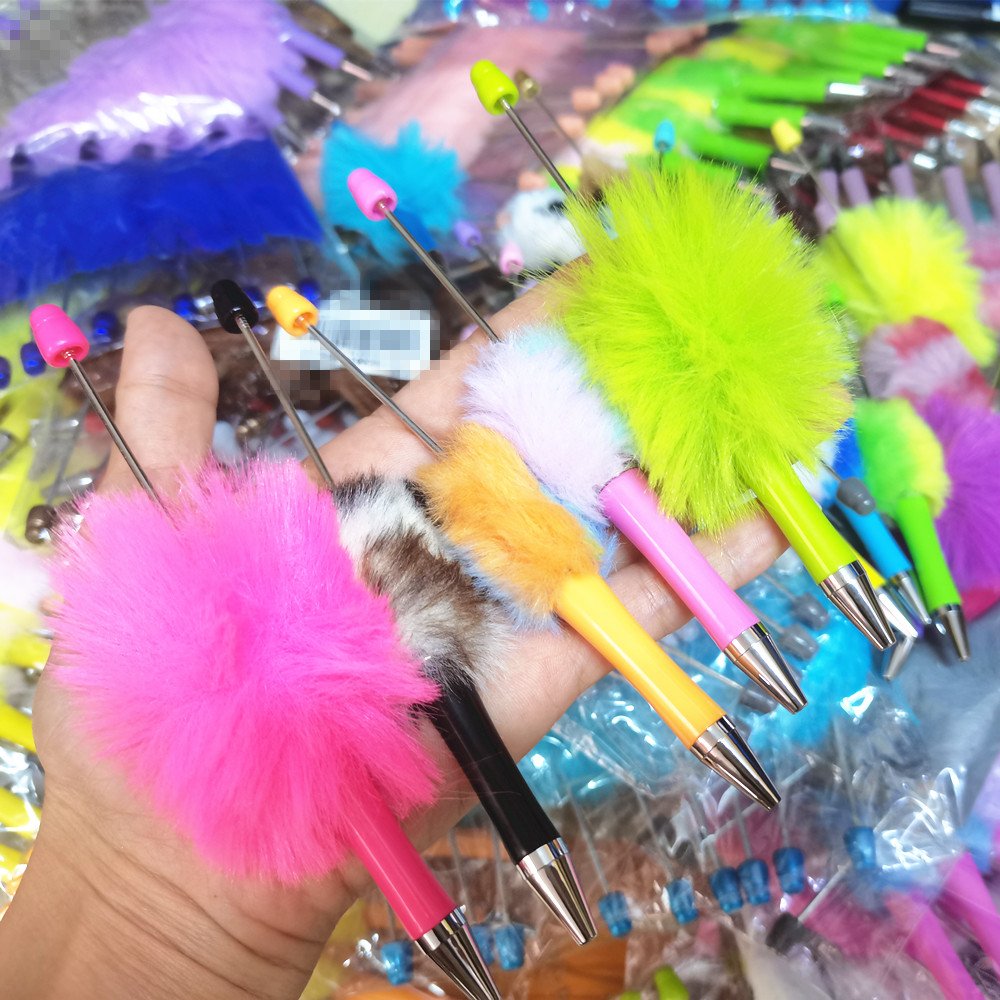 cute hair ball Diy plastic Ballpoint DIY Pens Top Pink Glitter Beaded Plastic Beadable Pens for Jewelry Making Toys