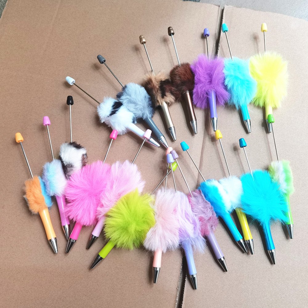 cute hair ball Diy plastic Ballpoint DIY Pens Top Pink Glitter Beaded Plastic Beadable Pens for Jewelry Making Toys