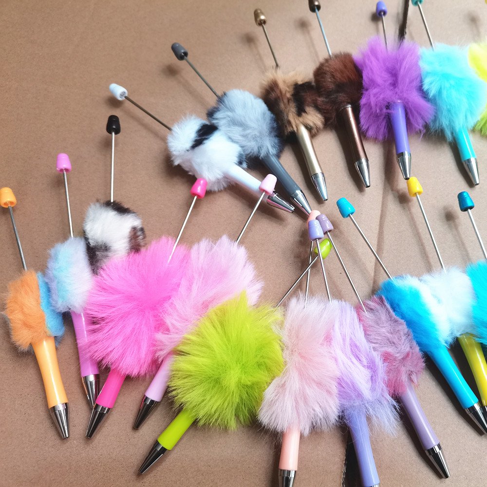 cute hair ball Diy plastic Ballpoint DIY Pens Top Pink Glitter Beaded Plastic Beadable Pens for Jewelry Making Toys
