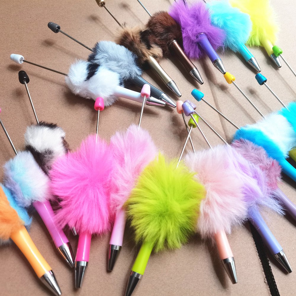 cute hair ball Diy plastic Ballpoint DIY Pens Top Pink Glitter Beaded Plastic Beadable Pens for Jewelry Making Toys