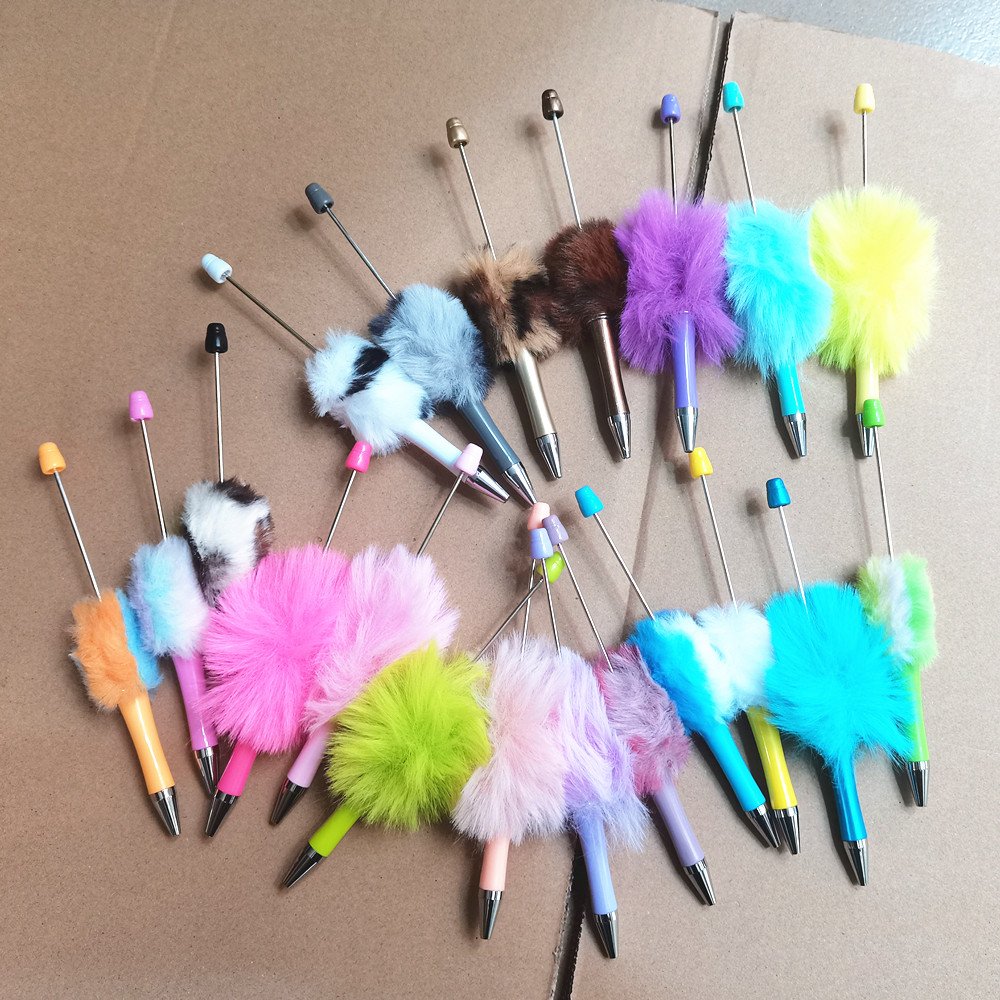 cute hair ball Diy plastic Ballpoint DIY Pens Top Pink Glitter Beaded Plastic Beadable Pens for Jewelry Making Toys