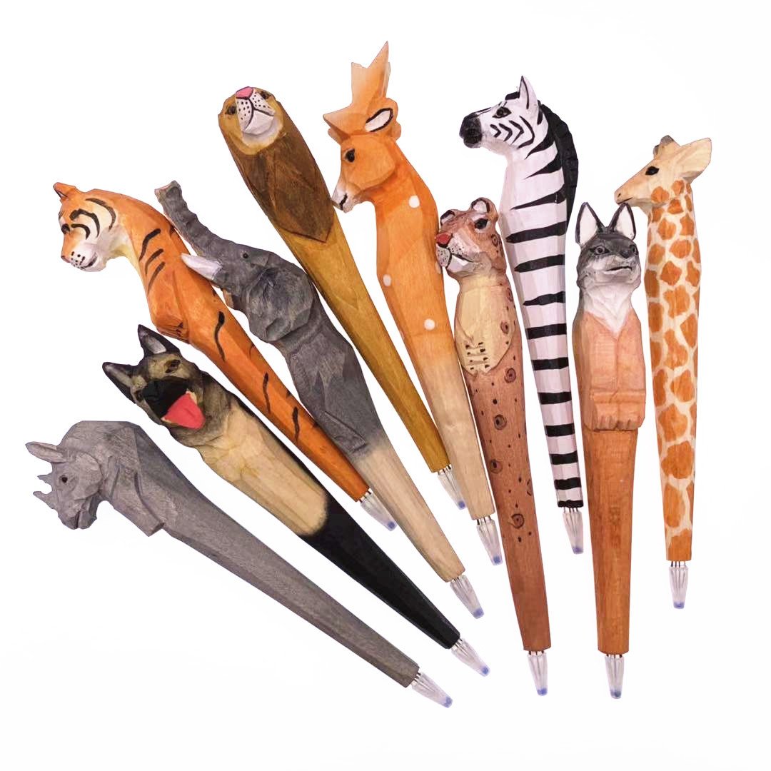 New animal Giraffe Elephant Cute Cartoon Animal Pen Hand Carved Creative Wood Carving Pen DIY Gel Pen Creative Kids Stationary