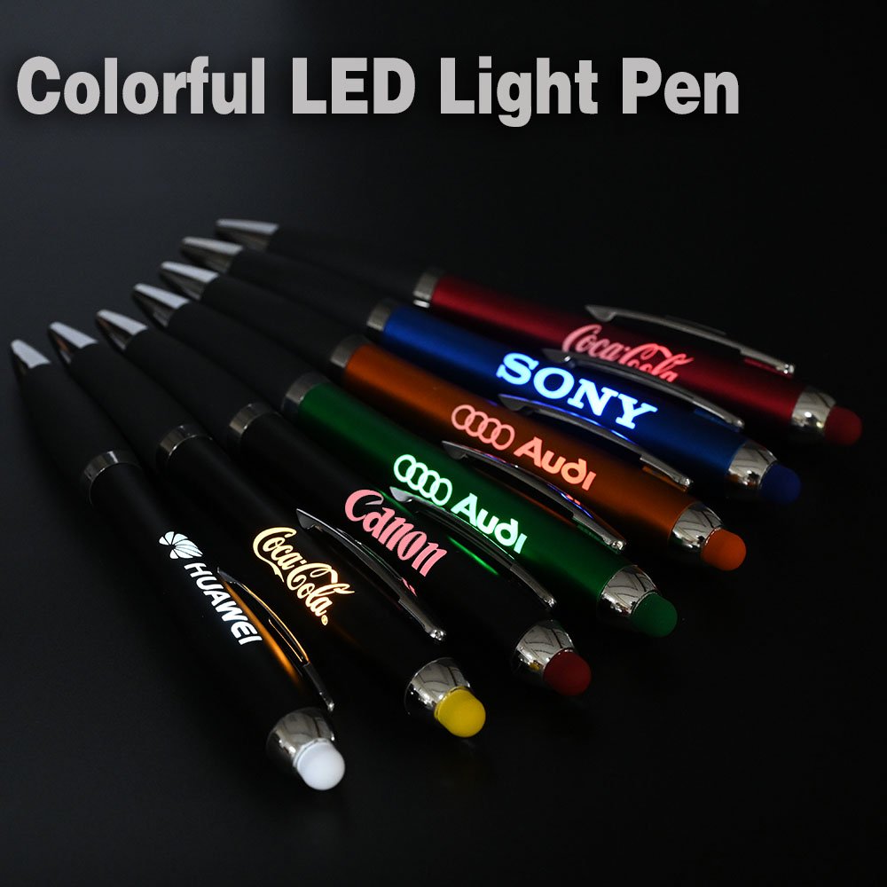 2024 New Design Custom Engravable Colorful LED Light Up Logo Ballpoint Pen with Soft Touch Stylus