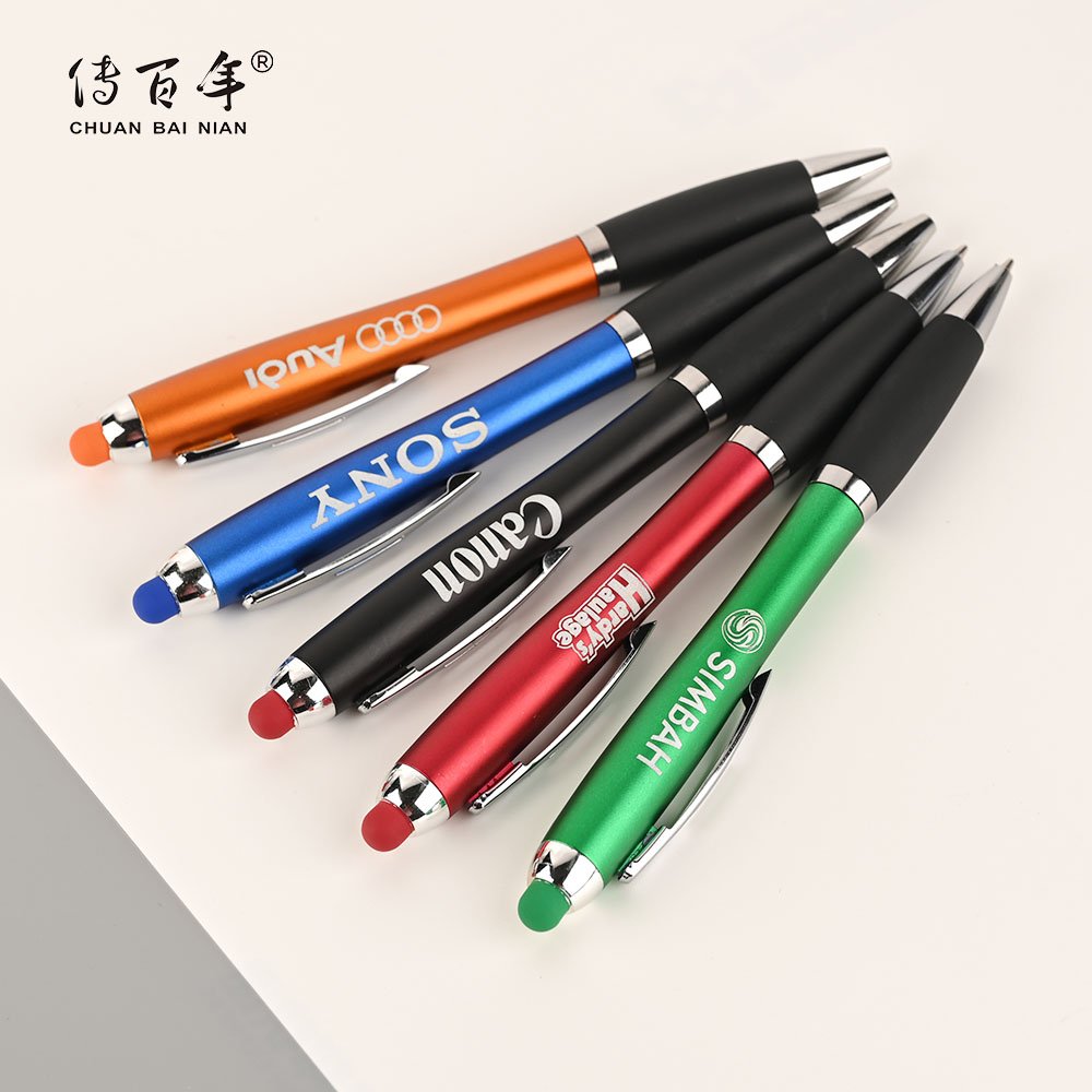 2024 New Design Custom Engravable Colorful LED Light Up Logo Ballpoint Pen with Soft Touch Stylus