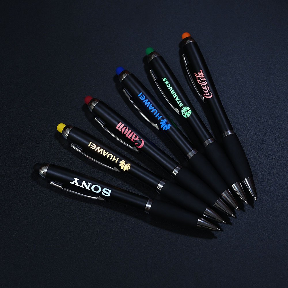 2024 New Design Custom Engravable Colorful LED Light Up Logo Ballpoint Pen with Soft Touch Stylus