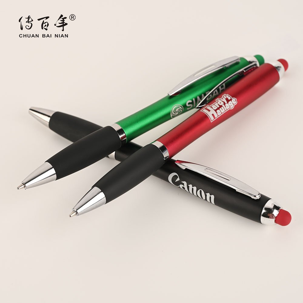 2024 New Design Custom Engravable Colorful LED Light Up Logo Ballpoint Pen with Soft Touch Stylus