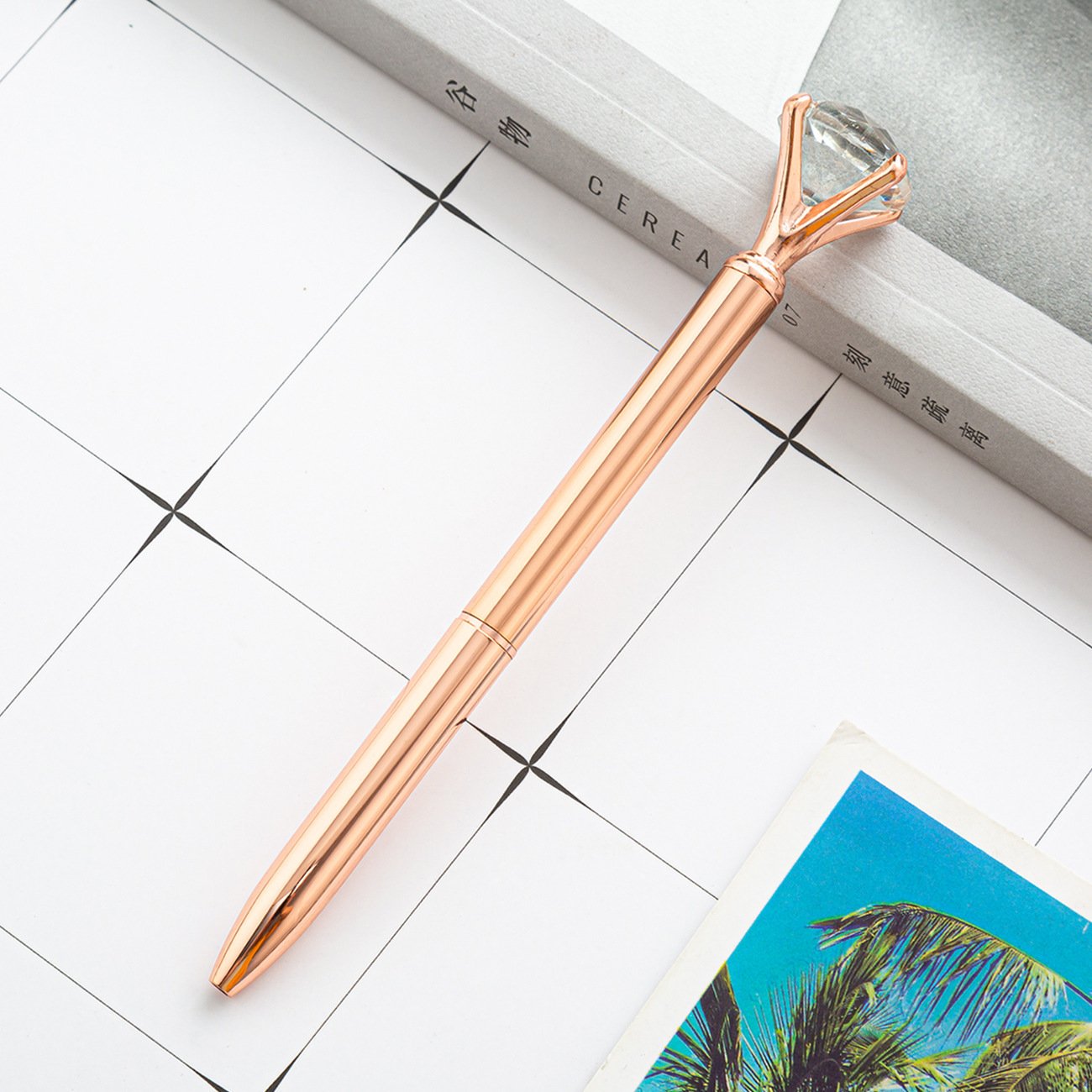 Rose Gold and White Dots Metal Ballpoint Pens Big Crystal Diamond Pen with 4 Pieces