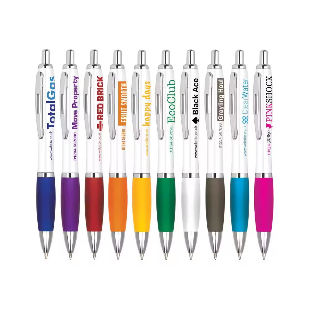 Best selling white body customized plastic ballpoint pens with custom logo imprint and comfortable rubber grip ball pen