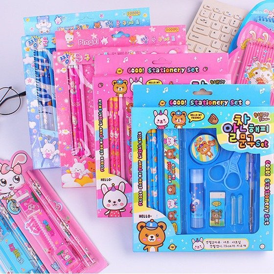 X1028-2 Wholesale 10pcs Stationery Set School Supplies Kawaii Stationary Items Includes Ballpoint Pens Pencil Scissors For Kids