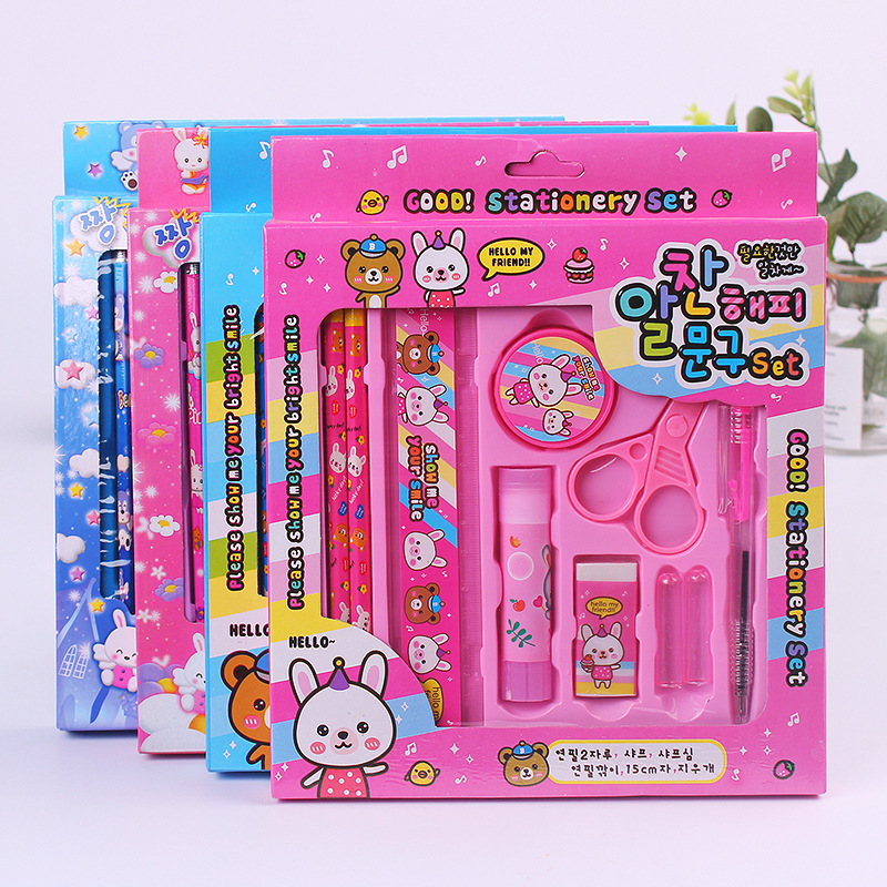 X1028-2 Wholesale 10pcs Stationery Set School Supplies Kawaii Stationary Items Includes Ballpoint Pens Pencil Scissors For Kids