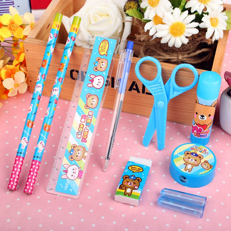 X1028-2 Wholesale 10pcs Stationery Set School Supplies Kawaii Stationary Items Includes Ballpoint Pens Pencil Scissors For Kids