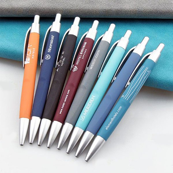 Popular Manufacture Wholesales Customized Logo Printed Rubber Coated Orange Hotel Ballpoint Pens Promotional