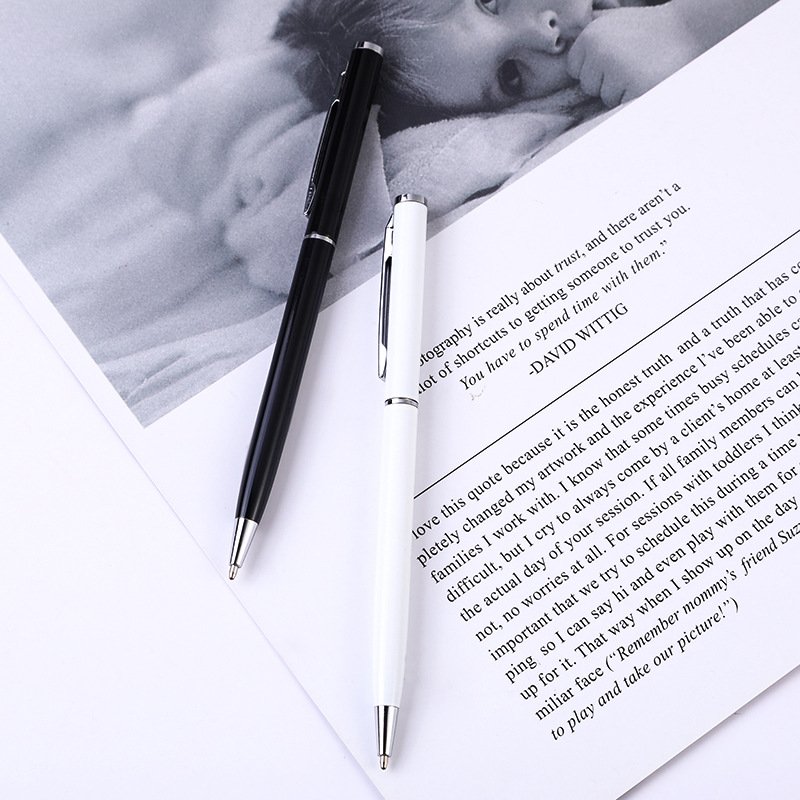 Classic Custom Logo Black White Slim Metal Pen Twist Ballpoint Pen With Personalized Laser Engraved Logo