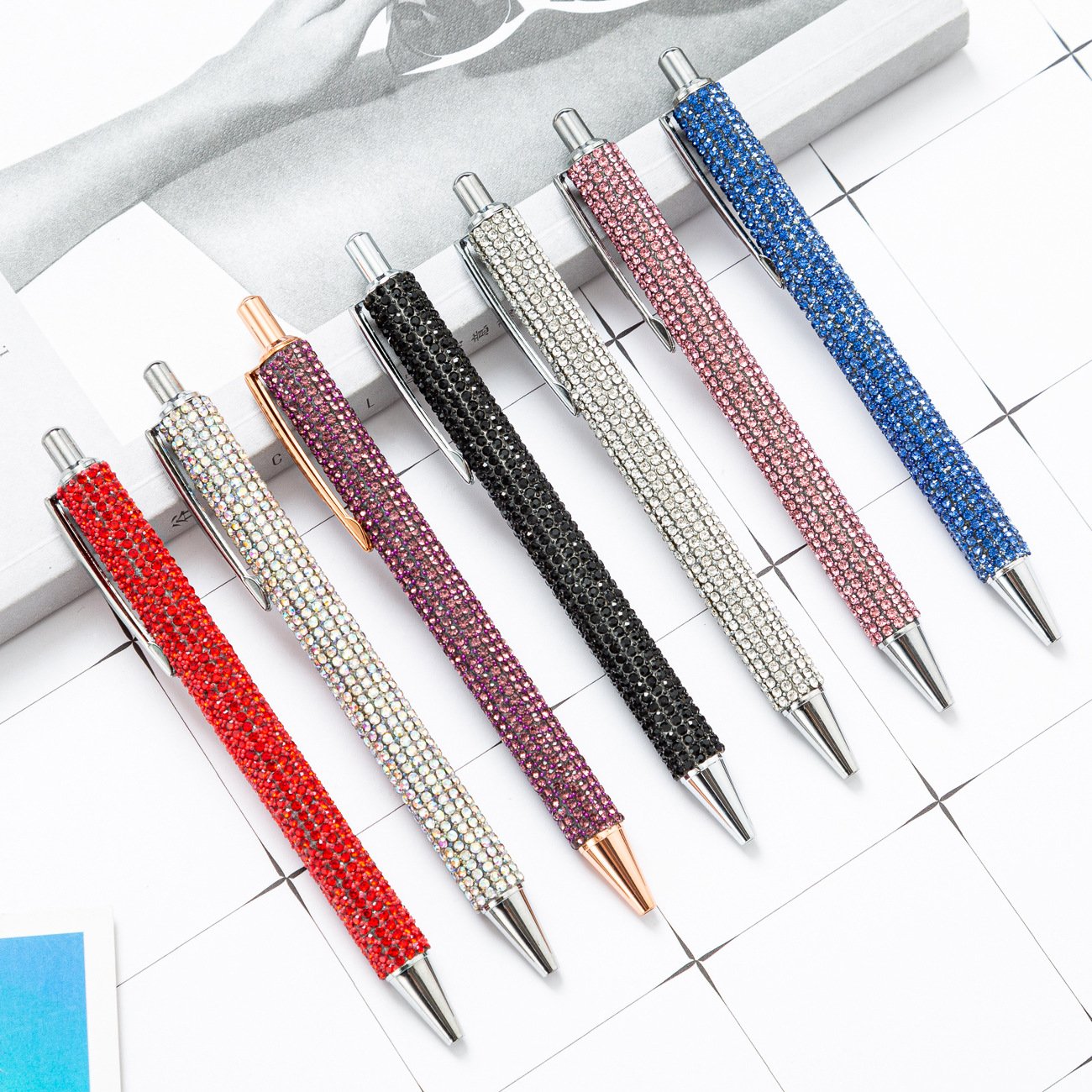 Crystal Diamond Rose Gold Ballpoint Pens Clip Ballpoint Pen Glitter Metal Ball Pens Girly Black Ink