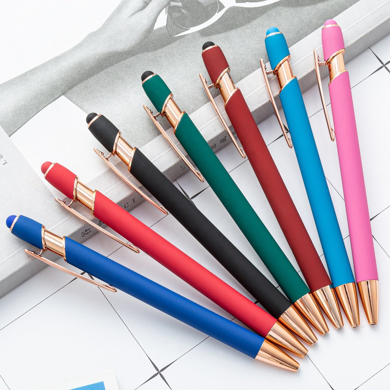 New Arrival Rose Gold Stylus Pen Soft Touch Ballpoint Metal Pen with Touch Screens for Writing Featuring Rose Gold Fittings