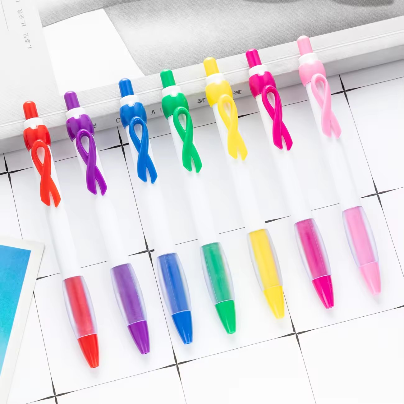 Pink Ribbon ball Pen for Women Girls Gift Plastic Breast Cancer Awareness Accessories Ribbon Plastic ballpoint pen- custom print