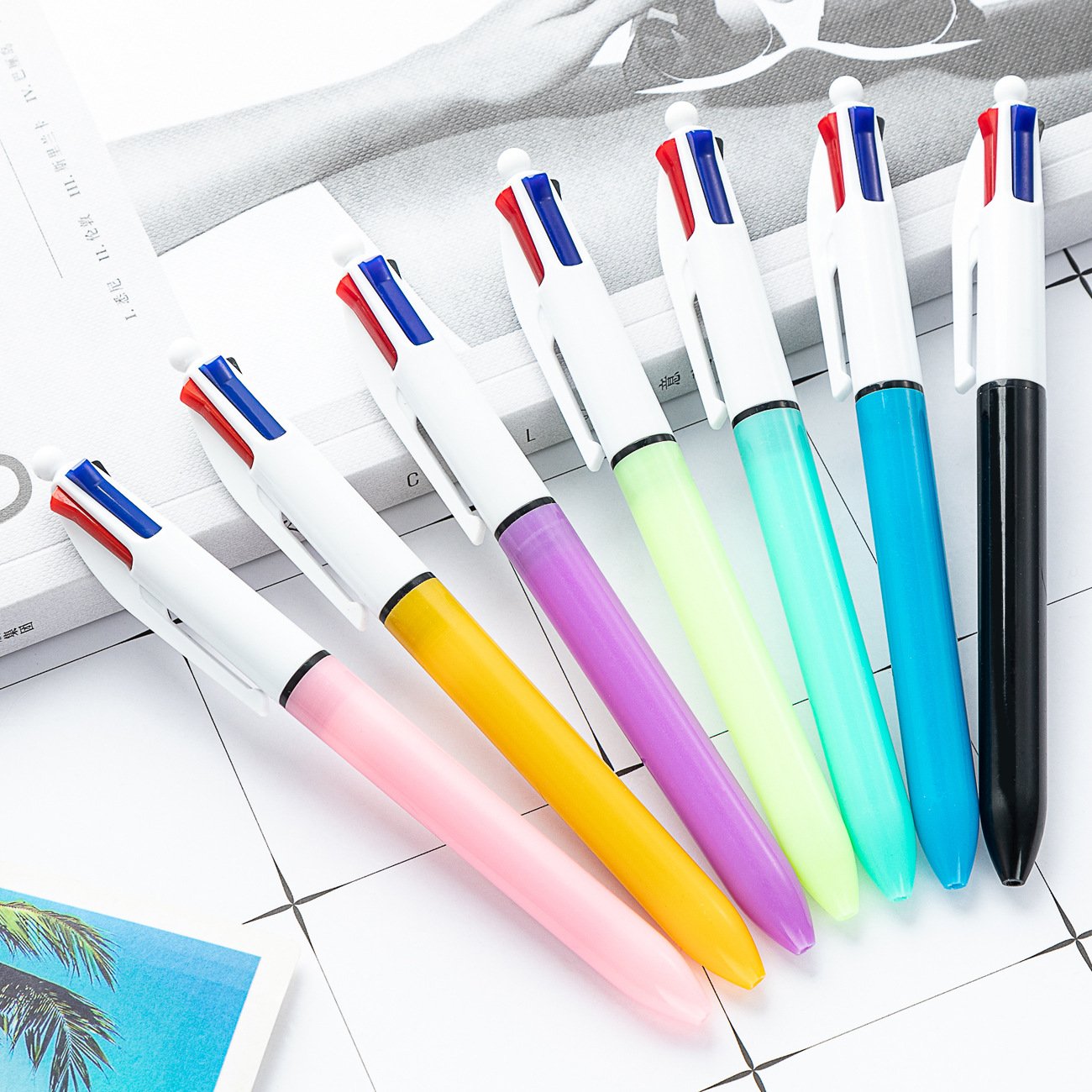 plastic promotional custom logo imprint multi-color 4 colour ink bi c ball pen-black blue red green four color ink ballpoint pen