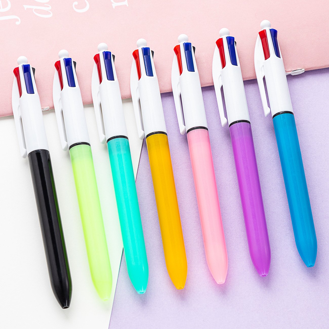 plastic promotional custom logo imprint multi-color 4 colour ink bi c ball pen-black blue red green four color ink ballpoint pen
