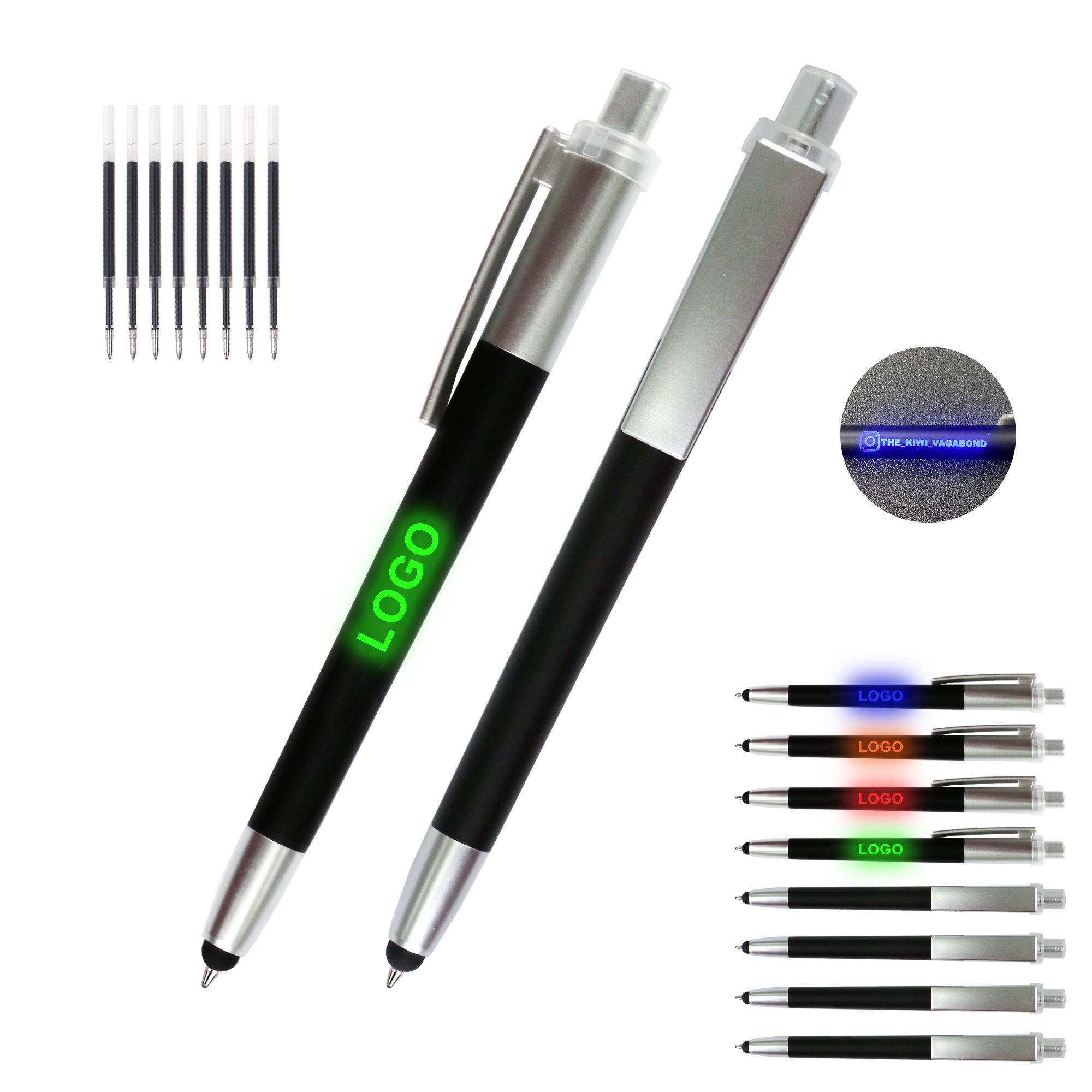 Custom Logo Print Laser Advertising Wholesale LED Light Pressed Plastic Ballpoint Pen Touch Stylus For Gifts