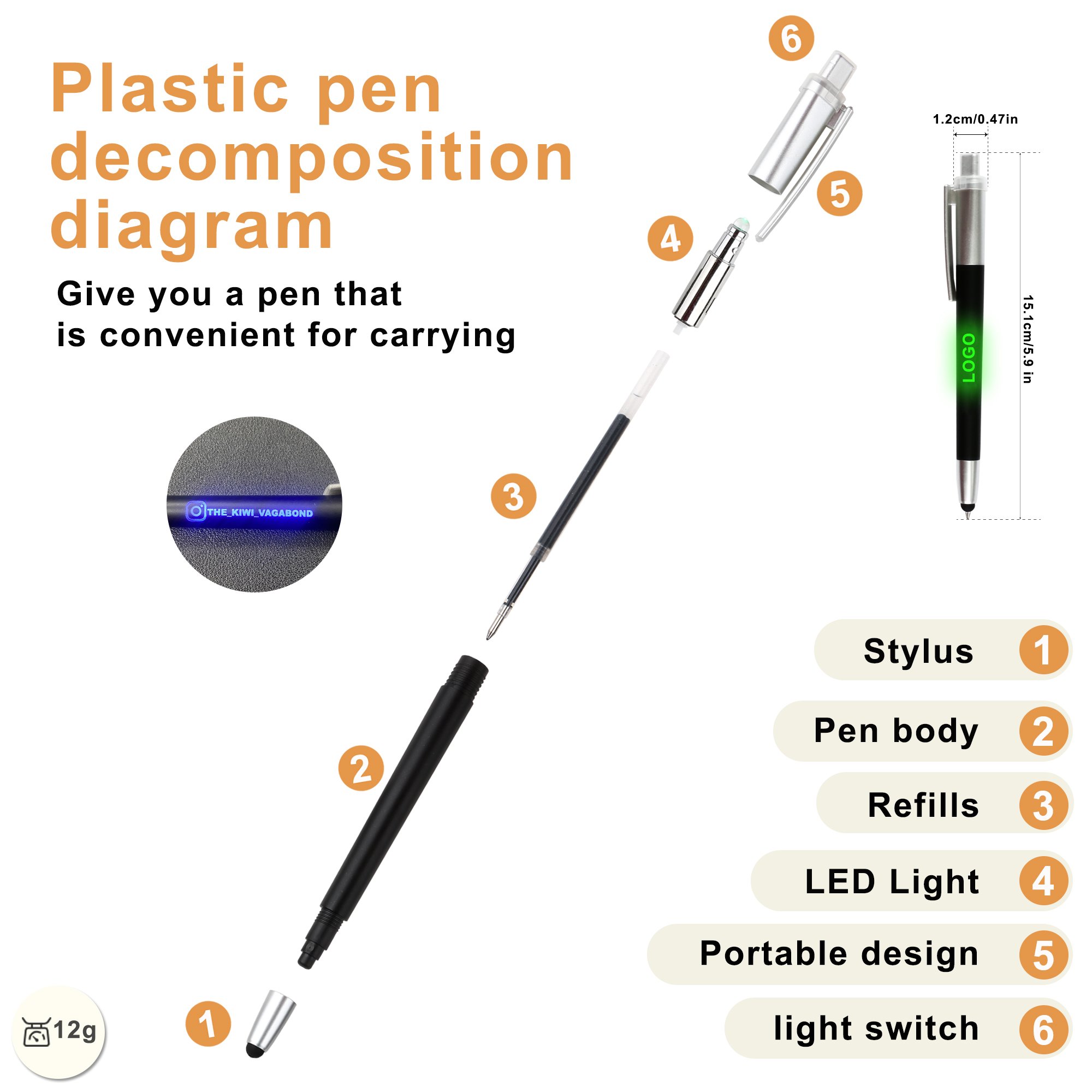 Custom Logo Print Laser Advertising Wholesale LED Light Pressed Plastic Ballpoint Pen Touch Stylus For Gifts