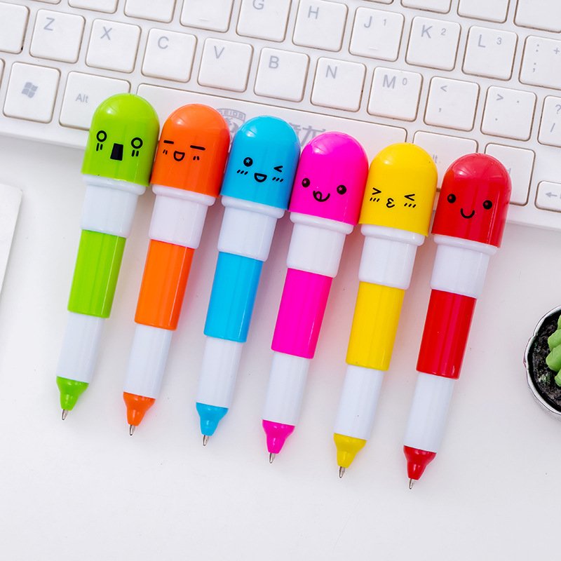 Cute Emoticon Face Vitamin Capsule Ball Pen Retractable Stationery with Custom Logo Sports Plastic Opp Bag OEM