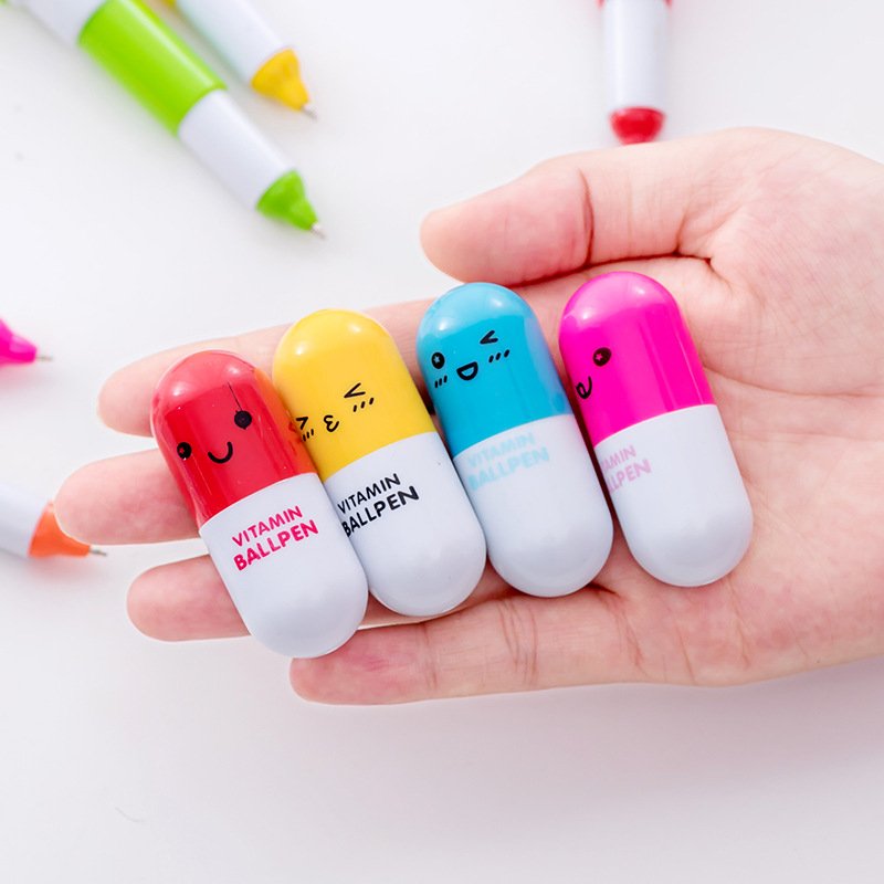 Cute Emoticon Face Vitamin Capsule Ball Pen Retractable Stationery with Custom Logo Sports Plastic Opp Bag OEM