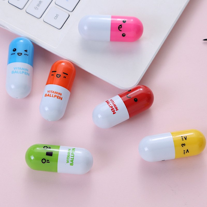 Cute Emoticon Face Vitamin Capsule Ball Pen Retractable Stationery with Custom Logo Sports Plastic Opp Bag OEM